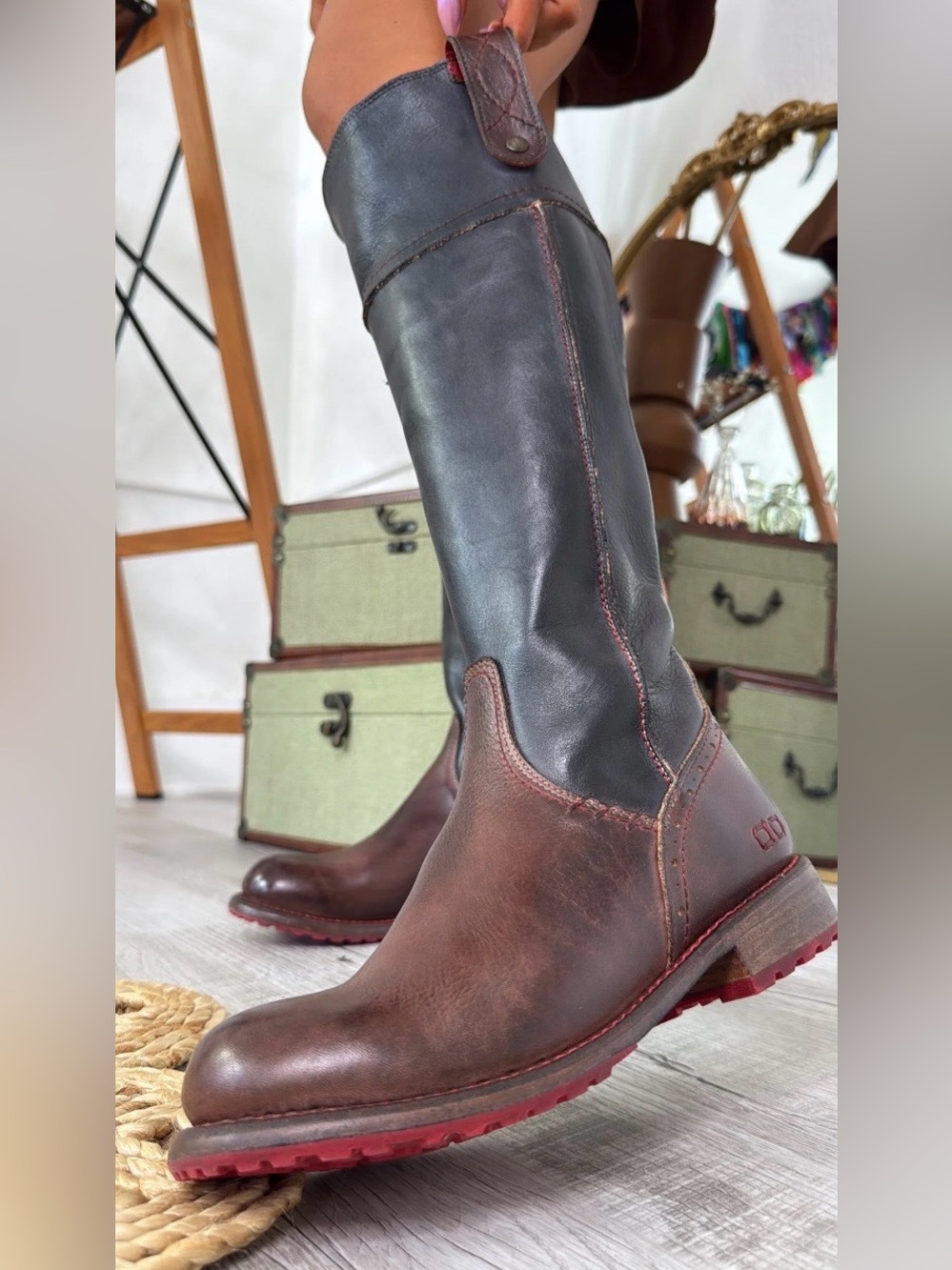 Bed Stu Jacqueline Leather Tall Riding Boots sz 9 Teak Rustic Black Equestrian